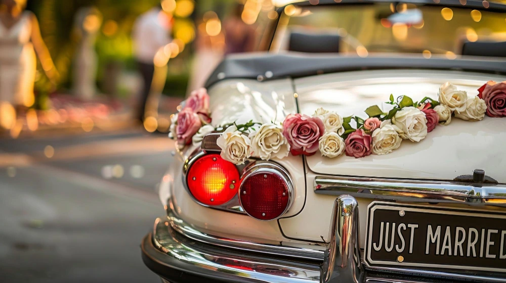 Hochzeitsauto Blumenschmuck